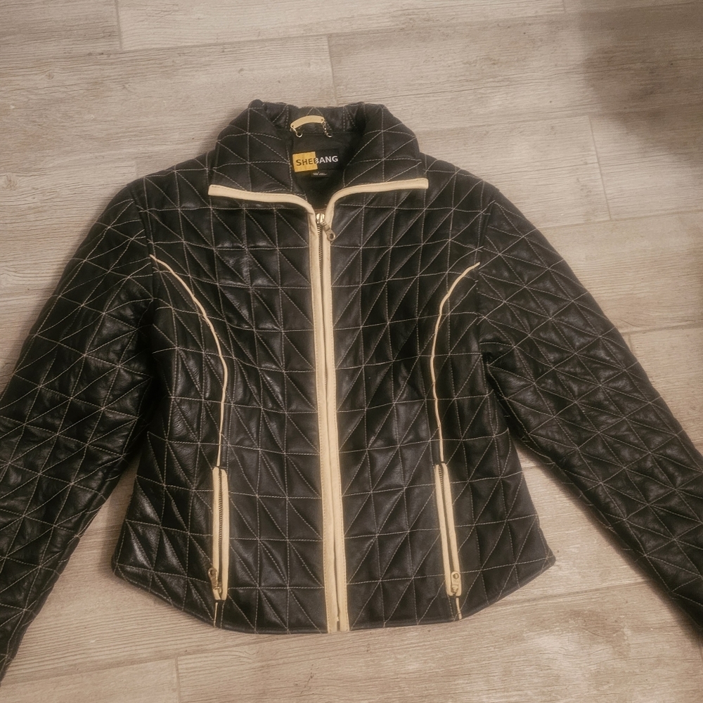 Stitched Pattern Leather Jacket - image 2